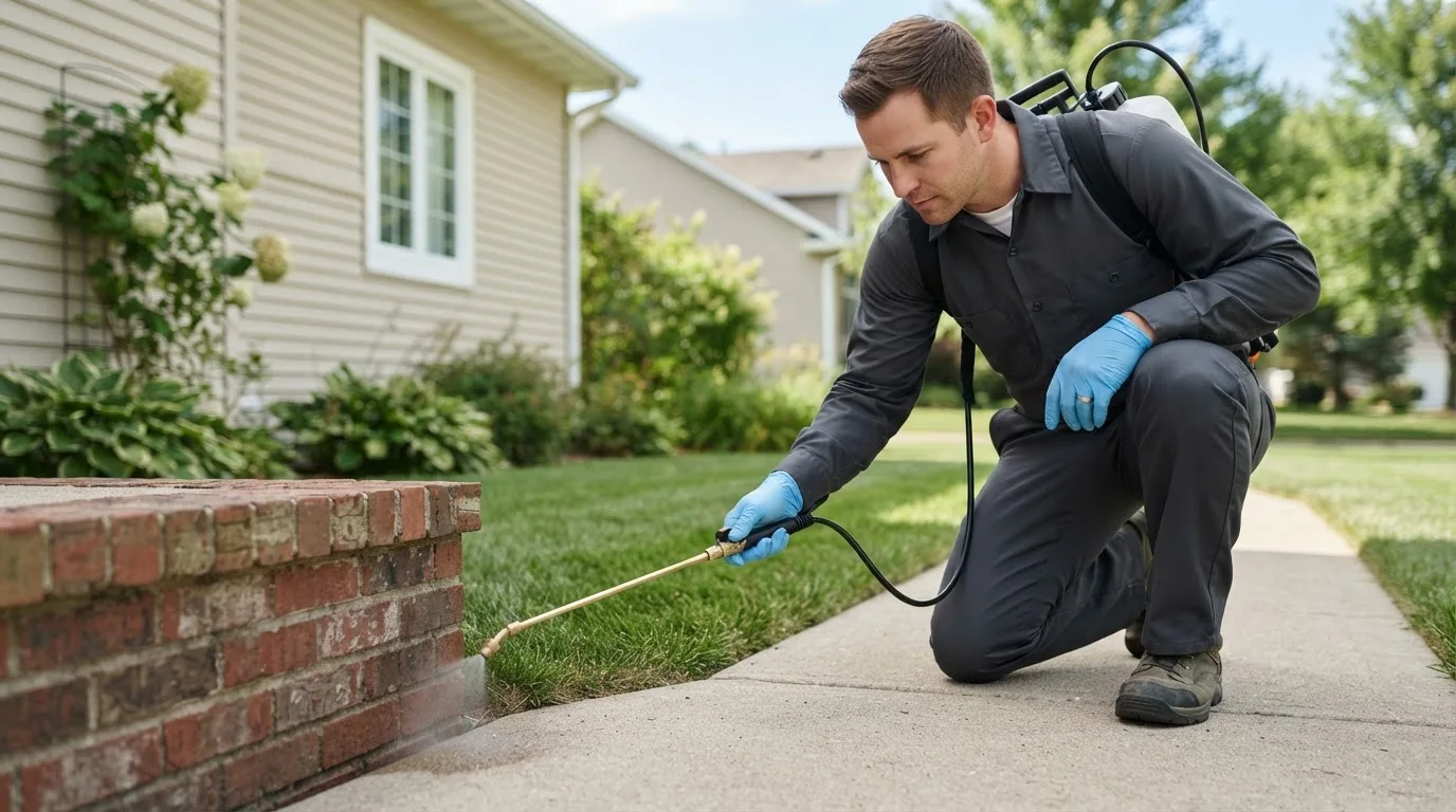Pest control technician treating a home near Evans City, PA