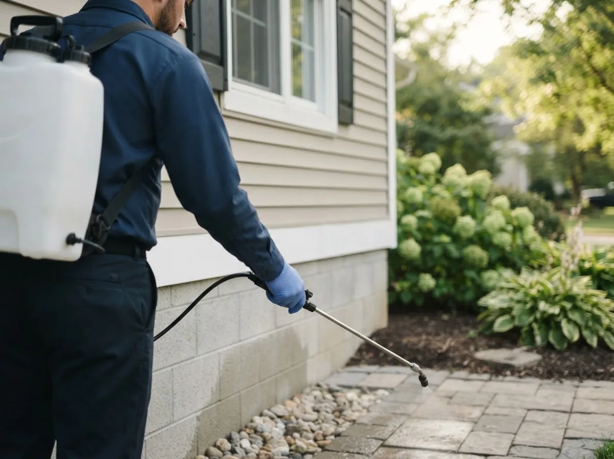 Pest control technician inspecting a home in Evans City, PA